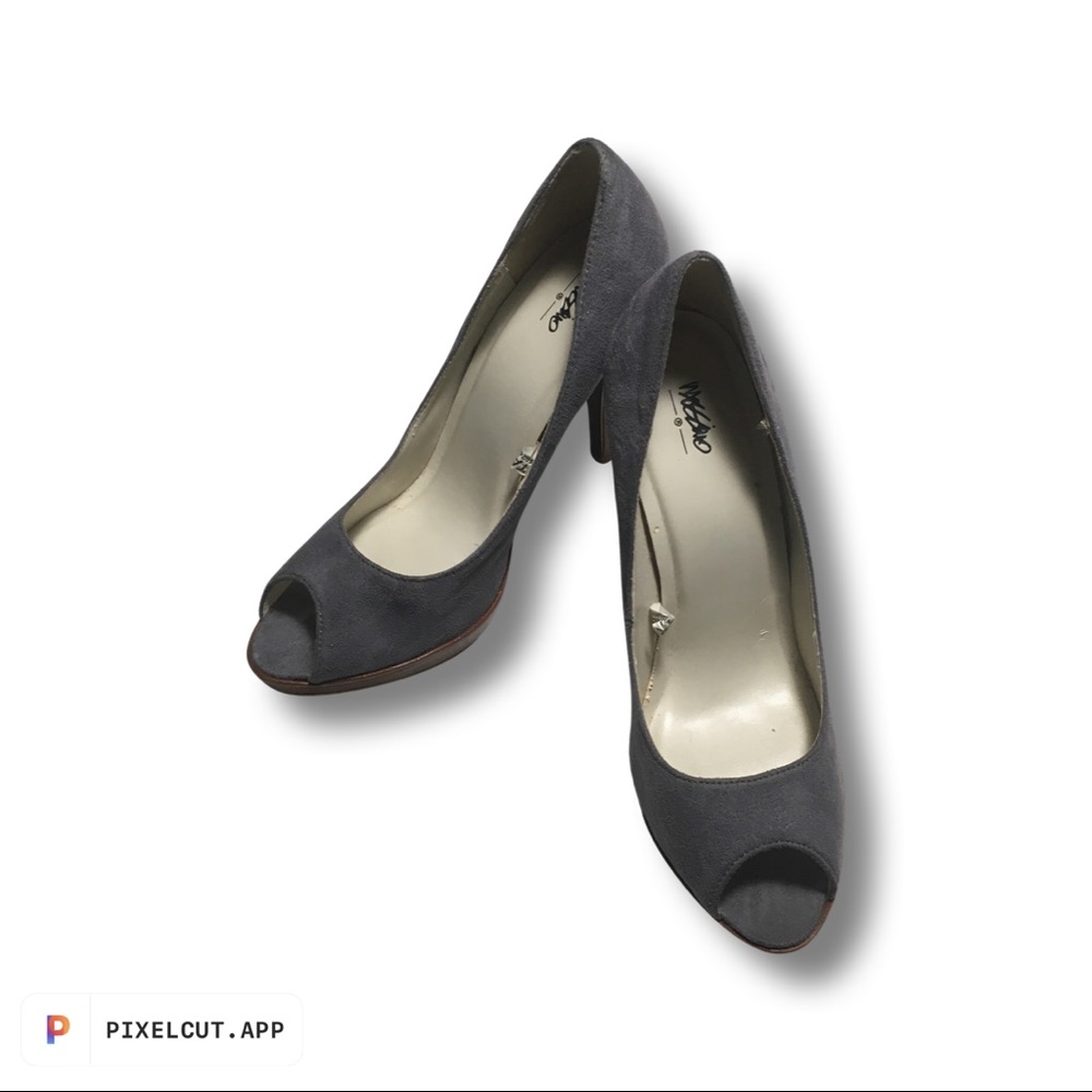 EUC Vintage Mossimo Gray Suede/Wood Platform Peeptoe Heels